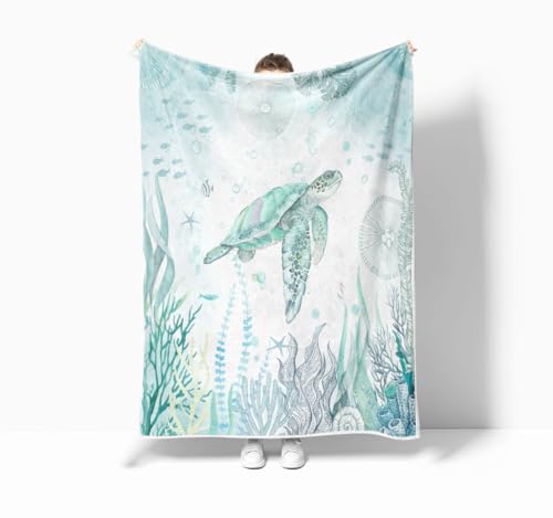 Sea Turtle Throw Blankets,Blue Teal Ocean Beach Nautical Coastal Fish Beachy Flannel Warm Soft Cozy Fluffy Bed Couch Blanket,White Fleece Throws to Decorate The Room and Bedroom 50 x 60 - Image 3