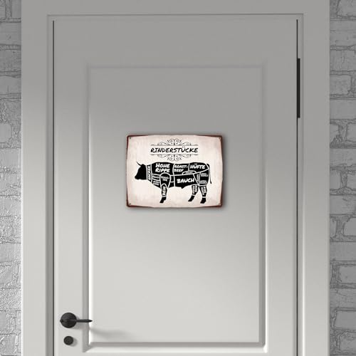 Rinderstücke BBQ Beef Fleischstücke Metallschild XL in 21x28 cm Blechschild für den Grill als Dekoration für Grillfans und Fleischesser