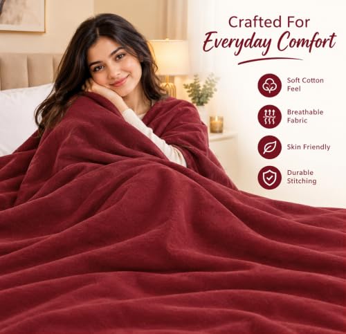 Image of HOMEKART 300 TC All Season Solid /Plain Lightweight Polar Fleece Double Bed Blanket (230 x 230 cm), Light RED