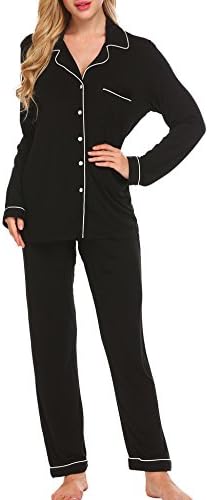 Ekouaer Pj Set Women's Long Two-Piece Soft Sleep Pajama Set Long Sleeve Sleepwear Button Down Lounge Set,Black,Medium