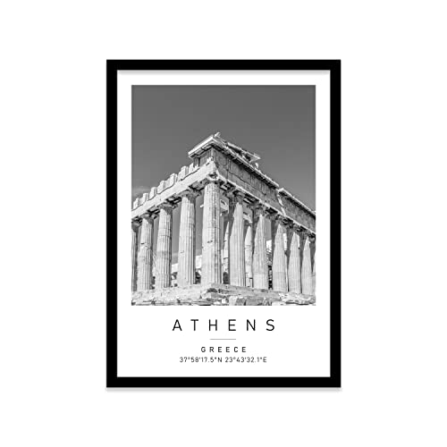 Image of Printers Mews Acropolis Travel Print Athens Wall art Black and white Poster A2 Print in Black frame 45 X 63cm (17.7x24.8inch)