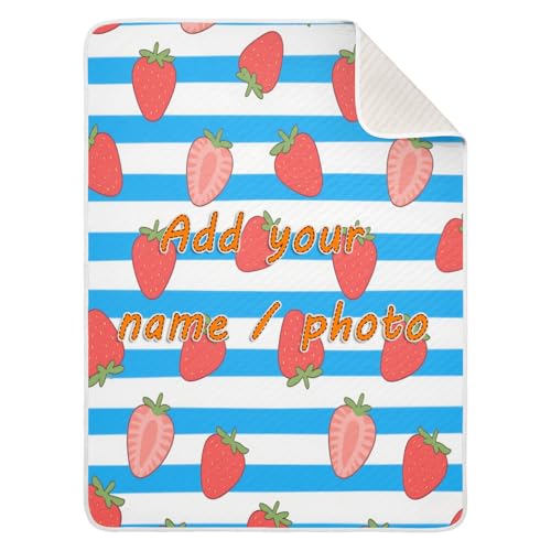 Custom Blue White Striped Fruit Strawberry Blanket for Girls Breathable para personalizar Image tag Blankets for Girls or Boys 30x40in Regalos para Baby Shower de ni?a