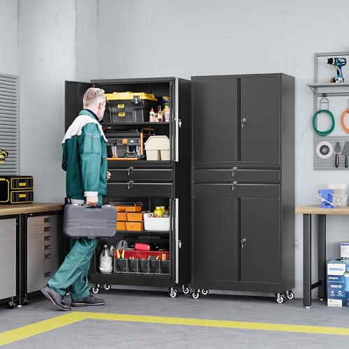 Image of Letaya Metal Garage Storage Cabinet with Wheels,Rolling Tool Cabinet with 4 Door Lock-Adjustable Shelves and 2 Drawer for Garage Home Office Utility Room (Black with Wheels)