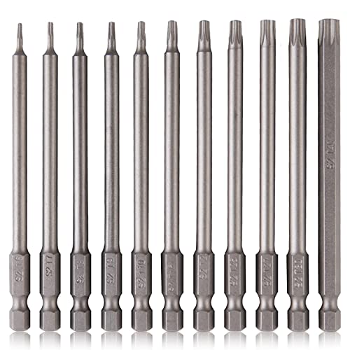 TUAKIMCE 11Pcs 100mm Torx Screwdriver Bits T6-T40 S2 Steel Magnetic Star Torx Security Head Screwdriver Bits Set