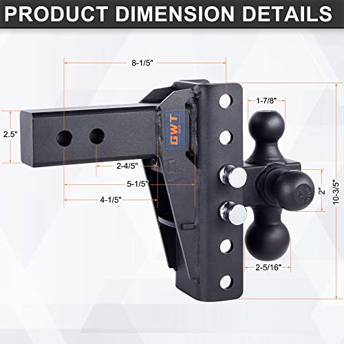 Gwtauto Adjustable Trailer Hitch, Tri-Ball (1-7/8" X 2" X 2-5/16") Drop Hitch, Fits 2.5-Inch Receiver Only, 7 Inch Drop Cushioned Hitch,18500 Lbs Gtw-Class 3 Tow Hitch For Heavy Duty Truck #TOP2