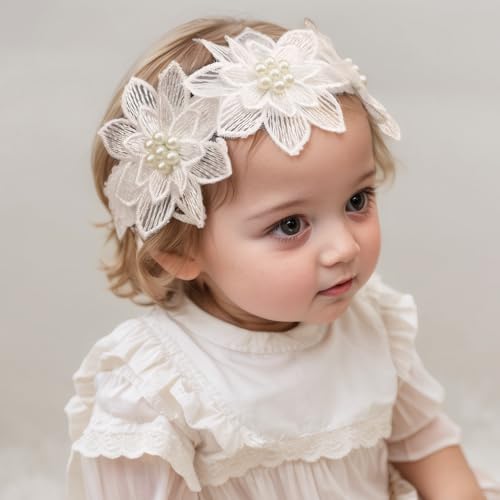 Baby Girls Lace Headband Handmade Flower Hair Band Infants Head Wrap Soft Elastic Pearl Floral Hairband for Newborn Toddler Kids Hair Accessories (White E, Adjustable)