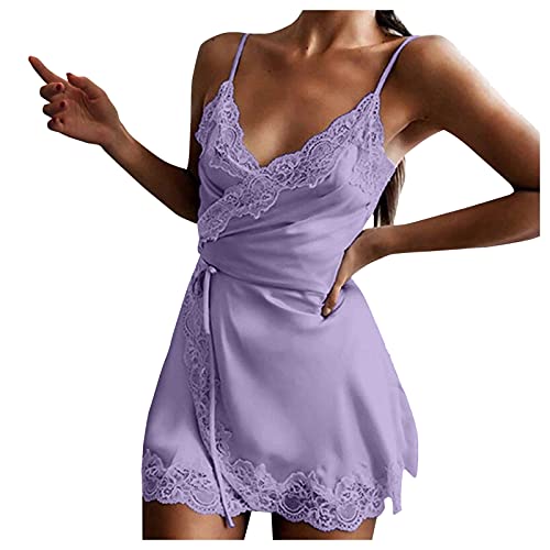IQYU Satin-Nachthemd Damen Nachtkleid Kurz Sexy Negligee Kurze Nachthemden V-Ausschnitt Nachtkleider Sexy Spitze-NachtwäSche TräGerkleid-Schlafkleid...