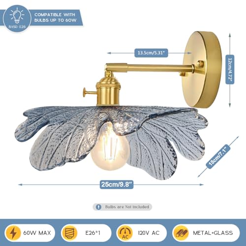 Image of Flower Bathroom Vanity Light Vintage Gold Wall Sconce Blue Glass Shade Mid Century Modern Vanity Lamp Decor Art Vanities Light Adjustable Hardwired Wall Lighting for Over Mirror