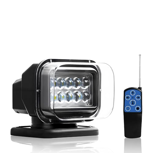 Remote Search Lights for Truck, Auto-Reset 360 Rotating Spot Light for Trucks, LED Marine Spotlight for Boat 6 Powerful Magnets Built-in 12V 24V (Black)