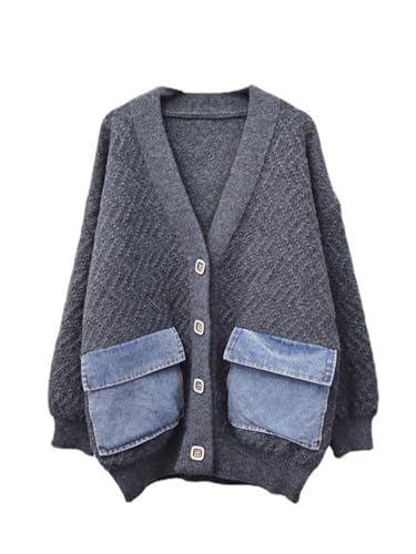 Women Denim Patchwork Knitted Cardigan Single-Breasted Contrast Color Sweater V-Neck2