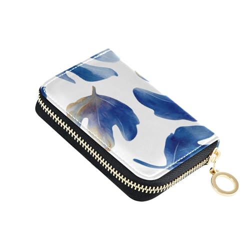 水彩ブルーイチジクの葉 ホワイト レディース財布 スモールカードホルダー 財布 RFIDブロック 面白いジッパーウォレット コインポケット付き