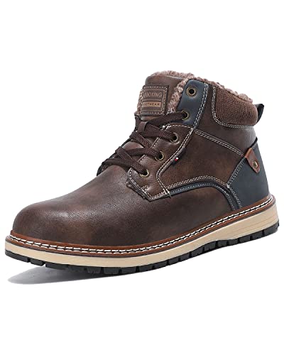 AX BOXING Mens Snow Boots Outdoor Warm Non Slip Fur Lined Ankle Boots Leather Winter Shoes(DK. Brown, Numeric_11)