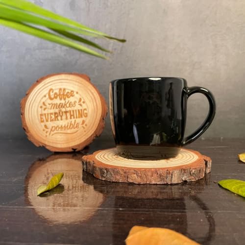 Image of Giftana Wooden Coaster Set with Engraved Quote - inchCoffee Makes Everything Possible inch Round Coasters for Home & Office, Eco-Friendly, Non-Slip Drink for Dinning Table, 4 Inches Diameter- Set of 2