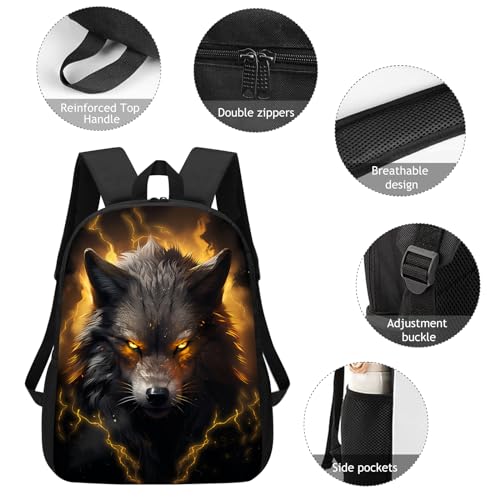 Huke Kids Wolf Backpack for Boys Girls, Cool Black Gold Lightning Backpack for School & Travel, Big Kids Child Backpacks, Elementary Middle High College Student Bookbag, Fire Wolf, 17 Inch3