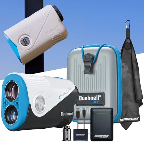 Bushnell Golf A1-Slope Ultra-Compact Laser Rangefinder with Slope Compensation Magnetic Skin PinSeeker 6X Magnification 1300 Yard Range LCD Display and Signature Series Power Bundle