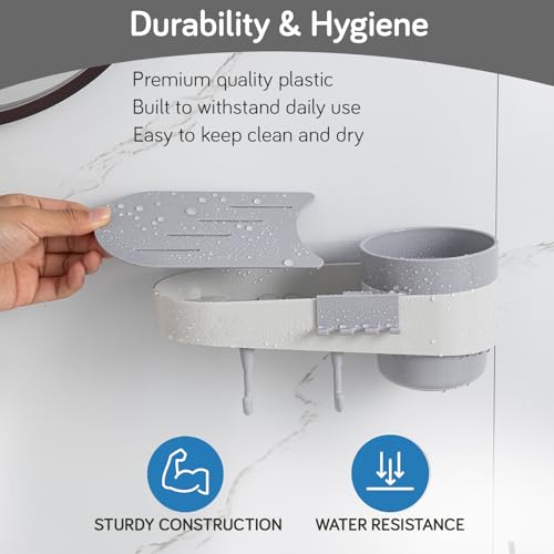 Image of HOKIPO Wall-Mounted Bathroom Shelf Organizer with Cup Holder & Hooks | No-Drill Self-Adhesive Plastic Rack | Toothbrush Holder | Bathroom Storage Shelf for Wall | Accessories Set (AR-6092)