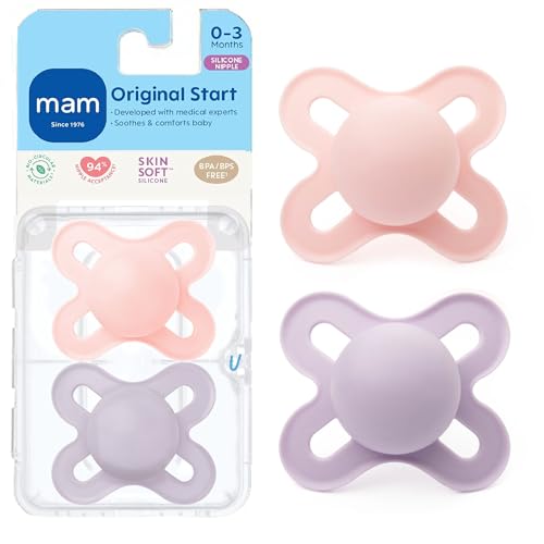 MAM Original Start Matte Baby Pacifiers 0-3 Months, BPA-Free Skin Soft Silicone Nipple, Developed with Medical Experts Specially for Smaller Newborn Mouths, Easy to Clean, 2 Pk with Sterilizer Case