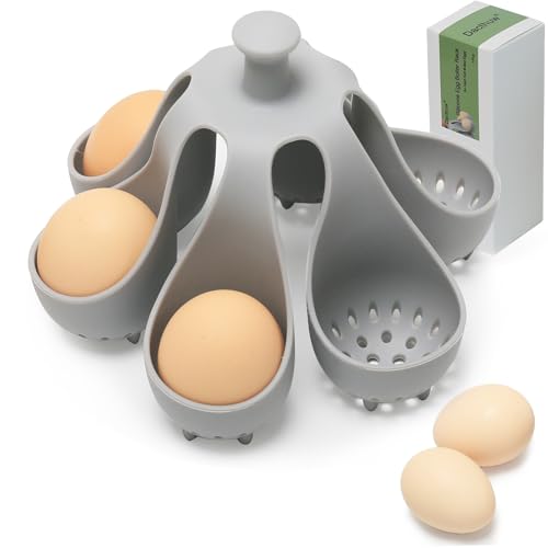 Dacthuw Silicone Egg Boiler Rack for Hard Soft Boiled Eggs, Food Grade Silicone Egg Boiler Cooker with 6 Holders, Kitchen Gadget for Cooking-Serving Eggs with Handle, Dishwasher Safe
