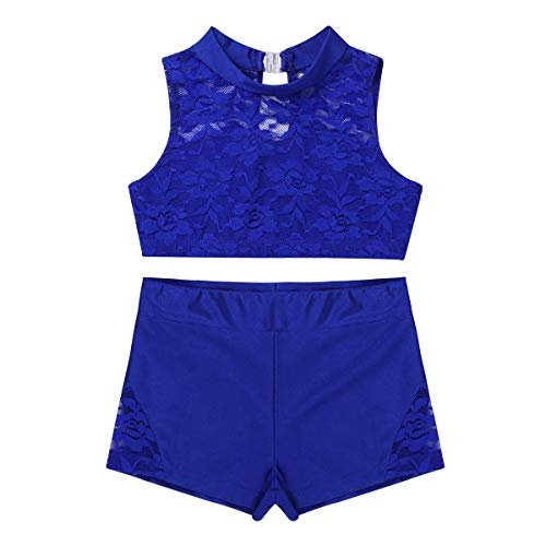 QinCiao Kids Girls 2-Piece Sports Dance Outfits Gymnastic Active Leotard Mock-Neck Floral Lace Crop Tops with Shorts Set Blue 8