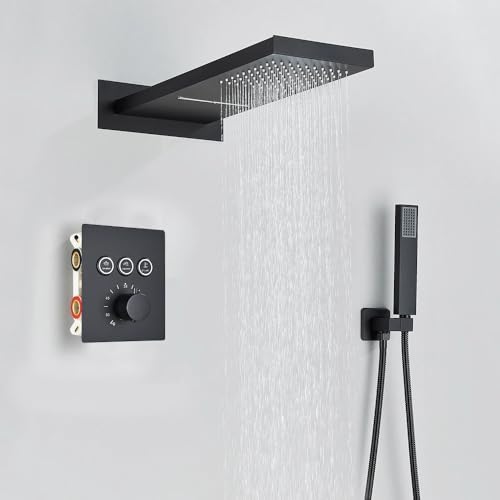 Robinet mural noir mat pour douche thermostatique anti-brûlure à effet pluie tropicale
