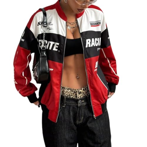 dsumvns Women's Racing Jacket Color Block Zip Up Varsity Jackets Oversized Letter Graphic Motorcycle Biker Coats