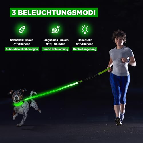 Leuchthalsband Hund & LED Hundeleine Set 2-in-1 Aufladbar mit Typ-C, 500m Sichtbarkeit Dehnbares Band für Nachtspaziergänge（Grün，L
