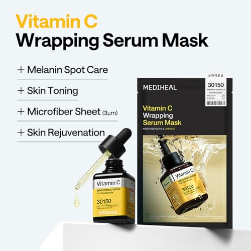 Image of MEDIHEAL Wrapping Serum Mask [Vitamin C] - Contains 98% Pure Vitamin C & Niacinamide for Glow Boosting - Helps Improve Radiance for Dull Skin & Evens Out Skin Tone - Provides Healthy Glow (10 Sheets)
