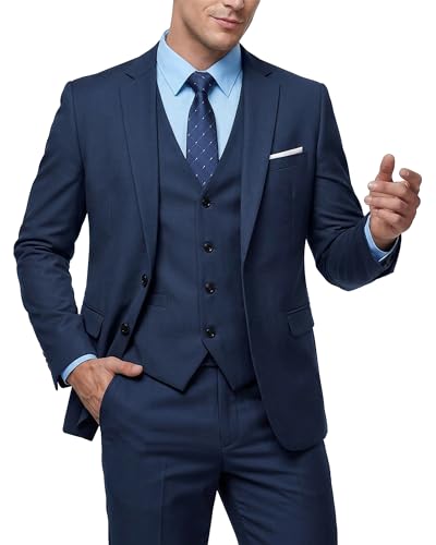 MY'S Men's 3 Piece Slim Fit Suit Set, 2 Button Blazer Jacket Vest Pants with Tie, Solid Wedding Dress Tux and Trousers Deep Blue