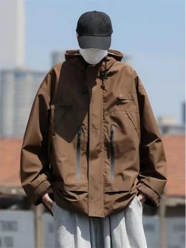 Dninmim Men's Outdoor Cargo Jacket Zipper Hooded Windbreaker Couple Solid Zip Outwear Coat2