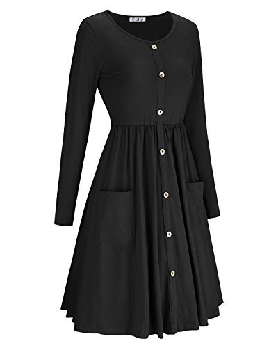 KILIG Women's Dresses Long Sleeve Casual Button Down Swing Dress with Pockets(D2-Black,XX-Large)