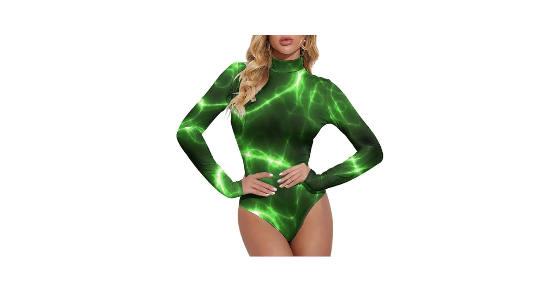 Long Sleeve Bodysuit for Women - Green Lightning Turtle Neck