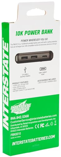 Image of Interstate Batteries 10K Power Bank, 10,000mAh Battery Pack, Compact Travel-Ready Portable Charger, 5V, 10Ah High-Speed Charging for Cell Phones, Electronics, Emergencies (LED, USB Input and Output)