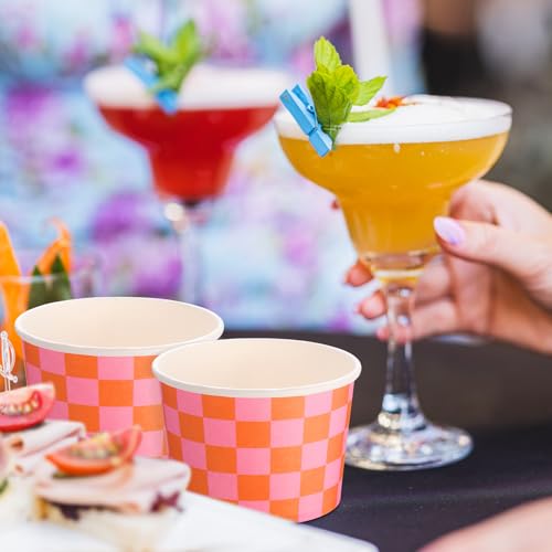 Image of Zopeal 50 Count Orange and Pink Checkered Ice Cream Cups Paper Race Car | Dessert Bowls 9 oz, Disposable Ice Cream Bowls, Birthday Party Supplies, Snack Cups Sundae Picnic Yogurt Bowls for Food