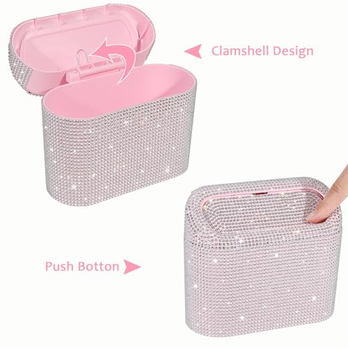 Image of Accmor Bling Car Trash Can with Lid, Leakproof Mini Vehicle Trash Bin Automotive Dustbin Organizer Storage, Sparkling Crystal Rhinestone Trash Bag Container with 30pcs Garbage Bags Car Accessories