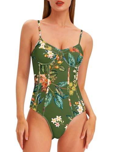 Women One Piece Swimsuit with Cover Up Sarong Wrap Bathing Suits for Women Floral Print Swim Suits with Cover Up Set Slimming 1 Piece Swimwear Dark Green Floral Large2
