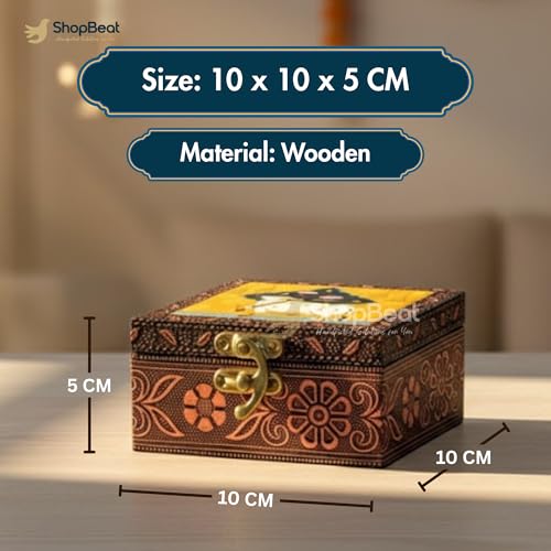 Image of Wooden Jewellery Box for Women - Marigold Gold | Handcrafted Pichwai Design with Lock | 4x4 Inch Organizer for Earrings Rings | Return Gift for Wedding Diwali Pooja