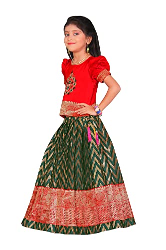 Image of New south Indian traditional pattu pavadai Jecquard Lehenga choli for girls dress