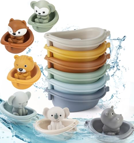 Image of Auvitaya Baby Bath Toy Stackable Infant Bathtub Toys Stacking Floating Boat Train with Animal Finger Puppets Bath Toy Silicone Hand Puppet Educational Beach Toys for Babies Toddlers Party Favors