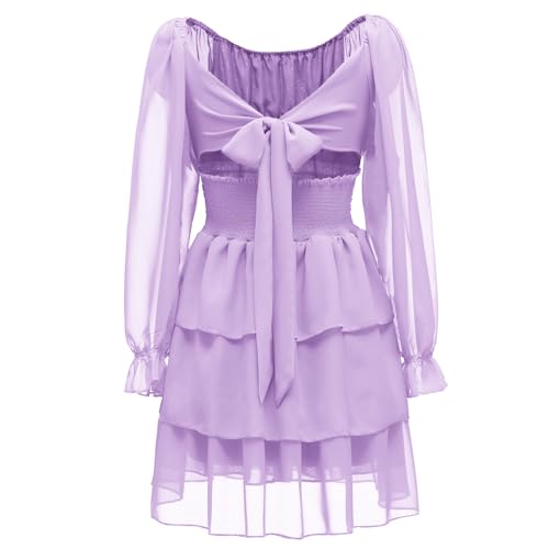 OBBUE Women's Summer Dress Tie Back Square Neck Aline Long Sleeve Layered Swing Mini Dresses3