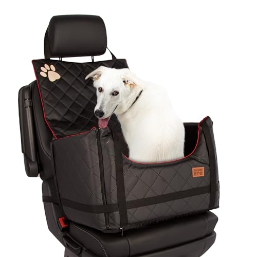 Golden Dog - Transportbox Hund mit Sicherheitsgurt M-52x44x33 cm - Leder Imitation Autositz Hund, Wasserdicht Hundesitz Auto - Beifahrersitz Hundebox Faltbar - Anschnallgurt Hundekorb Auto Schwarz