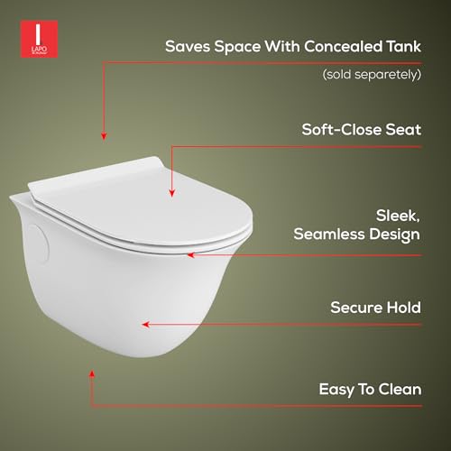 Image of LAPO P Trap Wall Hung Toilet, Ceramic Rimless Commode, Wall Hung Western Toilet With Soft Closing Toilet Seat (White, 20x14x15 Inch)-MRR