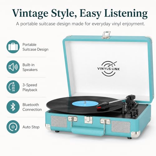 Image of Vinyl Record Player 3-Speed Bass Control Bluetooth Suitcase Portable Belt-Driven Record Player with Built-in Speakers RCA Out Headphone Jack Vintage Turntable Blue