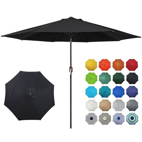 Image of Blissun 10FT Patio Umbrella, Outdoor Table Umbrella, Yard Umbrella, Market Umbrella with 8 Sturdy Ribs, Push Button Tilt and Crank, Black