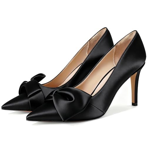 Image of Women's Slingback Heels with Bow Pointed Toe Pumps with Elasticated Strap 3.3 inch High Heels for Evening Dress Shoes