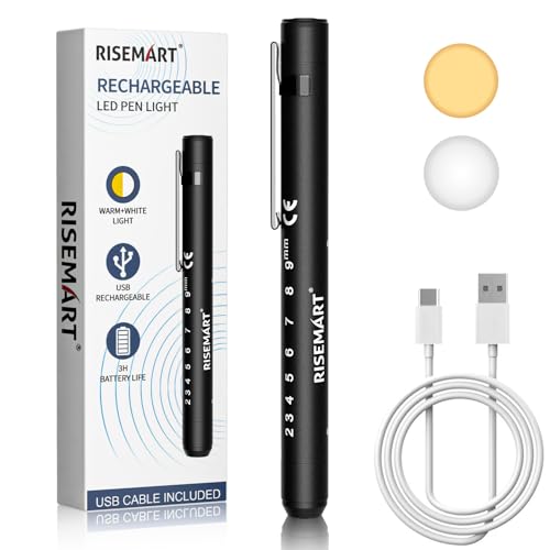 RISEMART Rechargeable Pen Light for Nurse, Rechargeable LED Portable Medical PenLight for Nurse, Doctor, First Aid, EMT, Nursing,Nursing Student,Warm/Cool White Black1