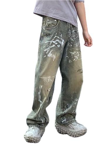 Jeans Pants Trouser Denim Korean Version Street Art Graffiti Men's High Loose Wide Leg Mopping Feeling Trendy Handsome Men