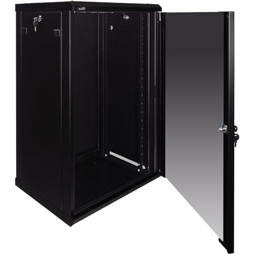 Image of NavePoint 18U Server Rack Enclosure - 17.7 inch Deep, Wall Mount Network Cabinet with Locking Glass Door for 19 inch IT Equipment, Network Rack with 2 Fans, Removable Side Panels, Black