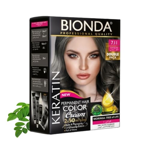 Tinte permanente BIONDA Professional Color Cream 7.11 rubio oliva, 200 ml, paquete doble, queratina y moringa, color intenso y duradero con brillo, cobertura 100% de canas