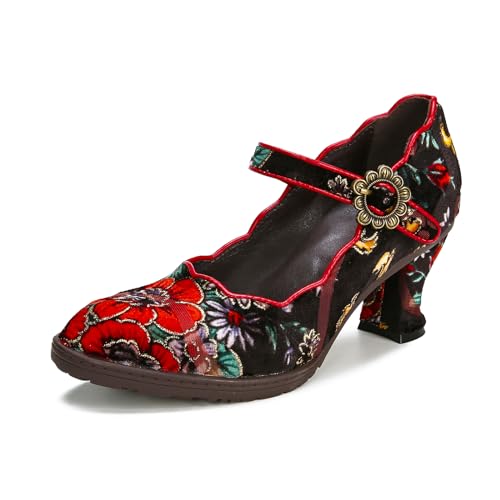 Superladystar's Handmade Cowhide Leather Women's Shoes, Pumps, Mid Heels, Retro Style, Hand Painted,Casual Style