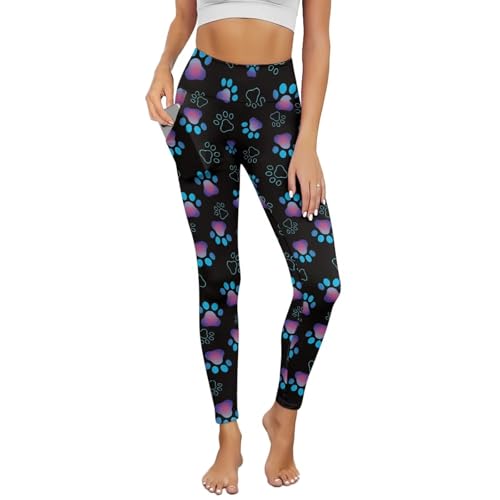 High Waisted Yoga Pants for Women with Pockets Dog Paw Print Leggings for Women Tummy Control Workout Yoga Leggings